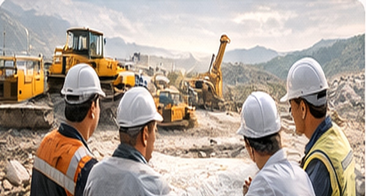 Tim pertambangan modern sedang melakukan pembahasan teknis di lapangan